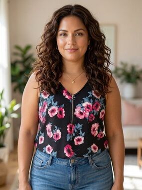 LULAROE Rachael Black Floral Print Zipper Tank Top